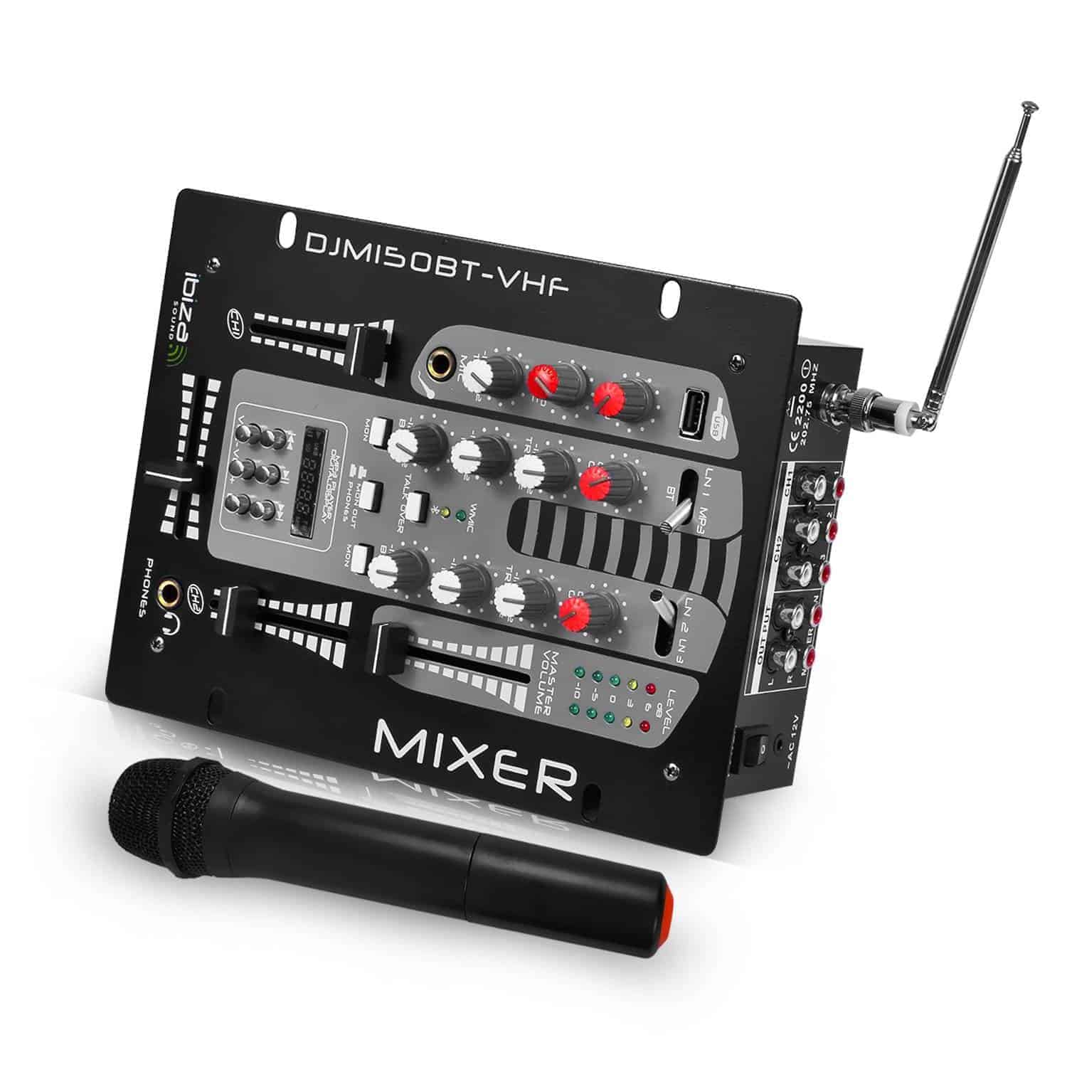 Thanks cost Discharge Mixer DJ Ibiza Sound DJM150BT-VHF, 5 canale, bluetooth, USB, microfon  wireless