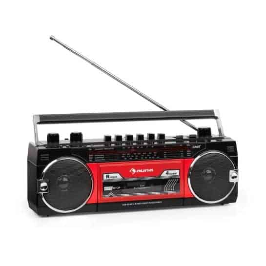 Radio-Casetofon Retro Anii '80 cu USB si Bluetooth - Rosu-negru Radio-Casetofon Retro Anii '80 cu USB si Bluetooth - Rosu-negru