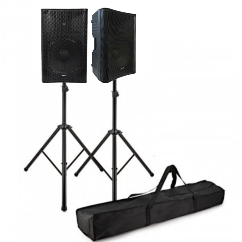 quest-15-set Sistem Dj Complet Boxe active bluetooth cu stative QTX Quest 15 Stands Bundle
